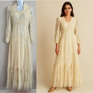 Vintage Union Made Lace Long Sleeve Maxi Dress Prairie Boho Cottagecore sz 9/10